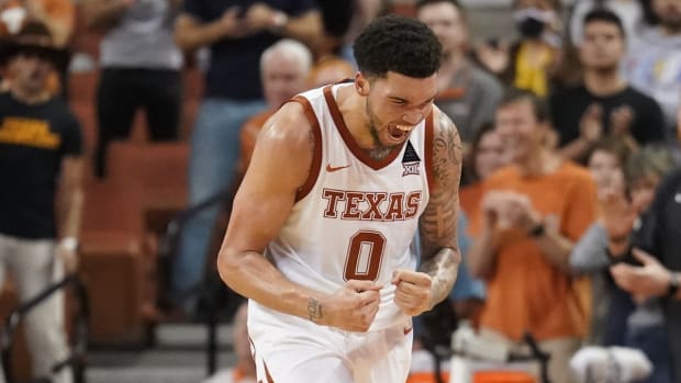 Jan 18, 2022; Austin, Texas, USA; Texas Longhorns forward Timmy Allen (0) reacts after a play during the second half against the Kansas State Wildcats at Frank C. Erwin Jr. Center. Mandatory Credit: Scott Wachter-USA TODAY Sports